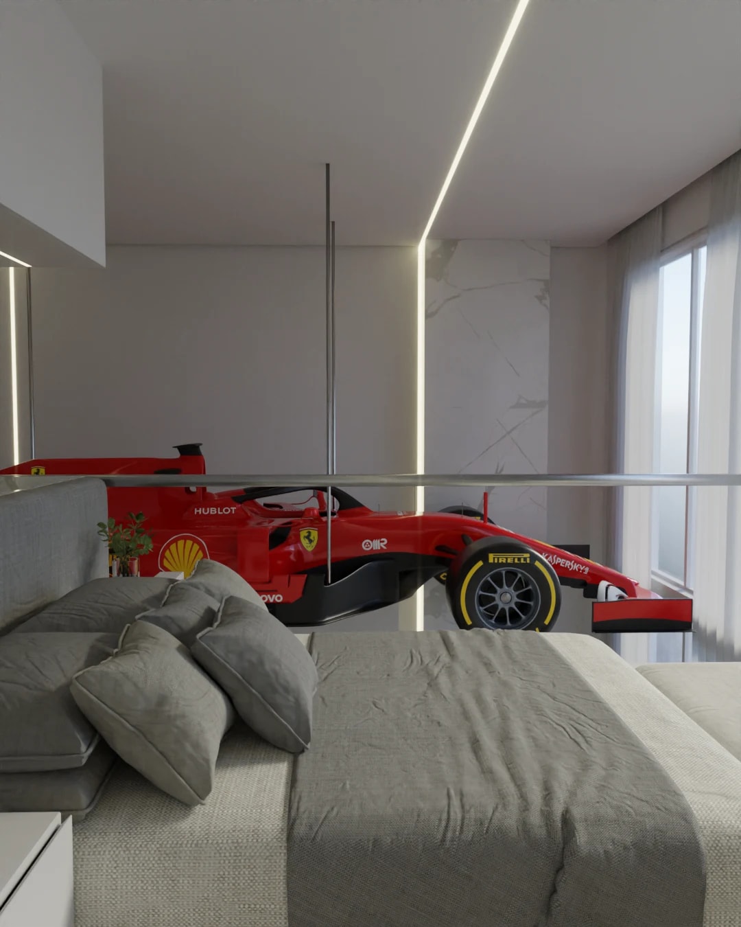 Formula car in a bedroom