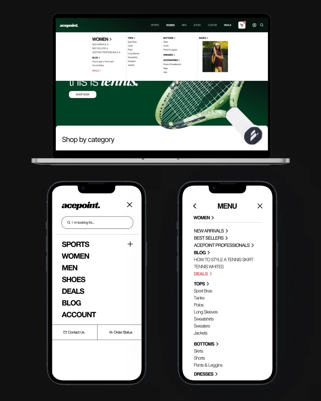 Tennis e-shop concept, dark screens